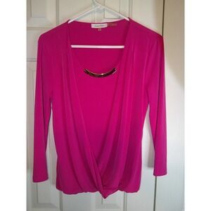 Calvin Klein Blouse Top Gold Accent Drape Front Long Sleeve Pink Small‎
